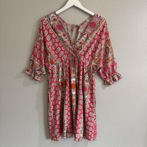 Vibrant Pink Boho Mix Print Babydoll Tunic Top/Dress Smocked Ruffle Sleeve -M